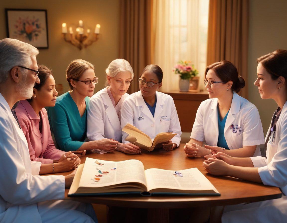 A compassionate scene depicting a diverse group of patients engaged in a discussion with healthcare professionals about cancer therapies. Include symbols of hope like butterflies and blooming flowers, alongside an open book representing knowledge and advocacy. Soft, warm lighting to convey a sense of empowerment and support. super-realistic. vibrant colors. emotional depth.