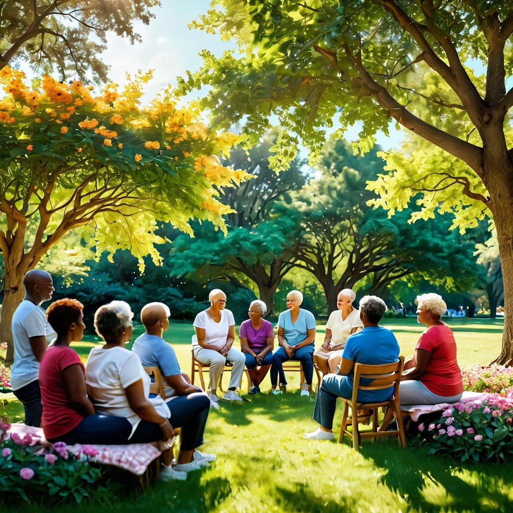 A serene and hopeful scene depicting a diverse group of cancer survivors engaging in a supportive group therapy session in a sunlit park. Include vibrant flowers blooming around them, symbolizing growth and resilience. In the background, a gentle tree canopy offers shade, emphasizing tranquility and healing. Add soft rays of sunlight breaking through the leaves to create a warm, uplifting atmosphere. vibrant colors. super-realistic. nature-inspired.